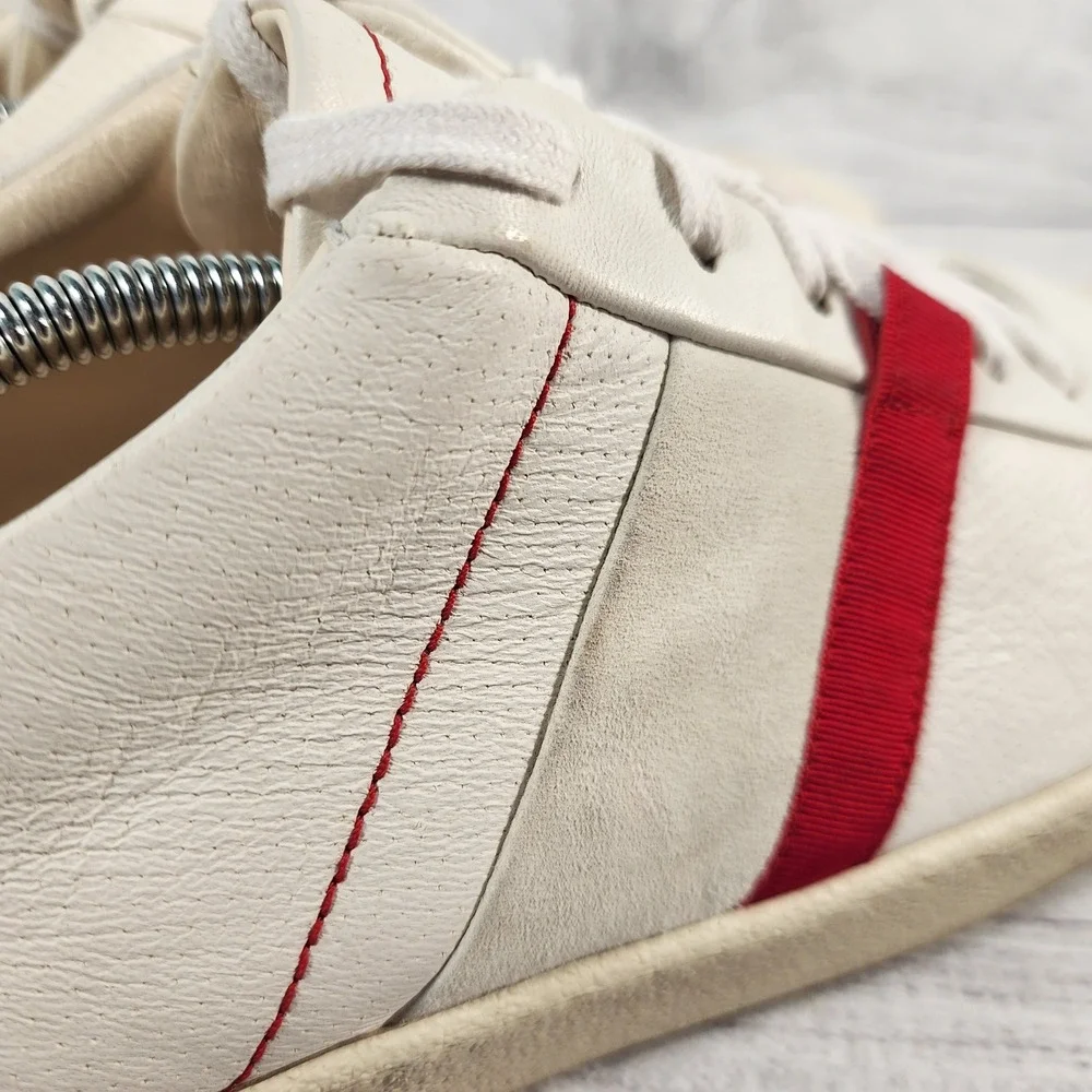 Salvatore Ferragamo Mens 12 White Leather Suede Red Stripe Low Top Sneakers